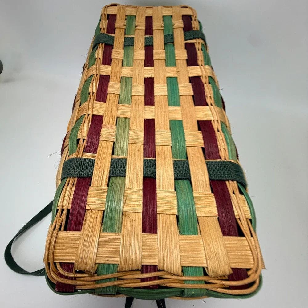 Vintage Woven Wicker Basket with Cloth Handles Tan Green Burgundy